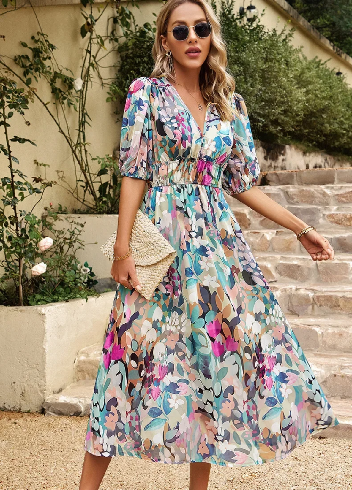2024 Elegant High Quality Design summer Waist Cinching V-neck Print Elastic Waist Maxi  Dresses