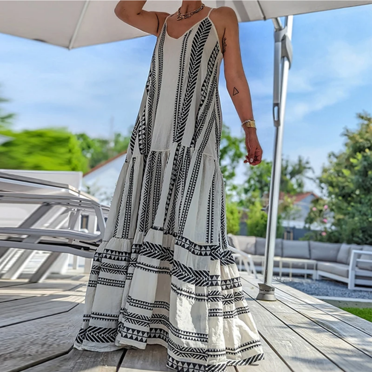 Summer V Neck Elegant Casual Print Sleeveless Ruffle Party Dress