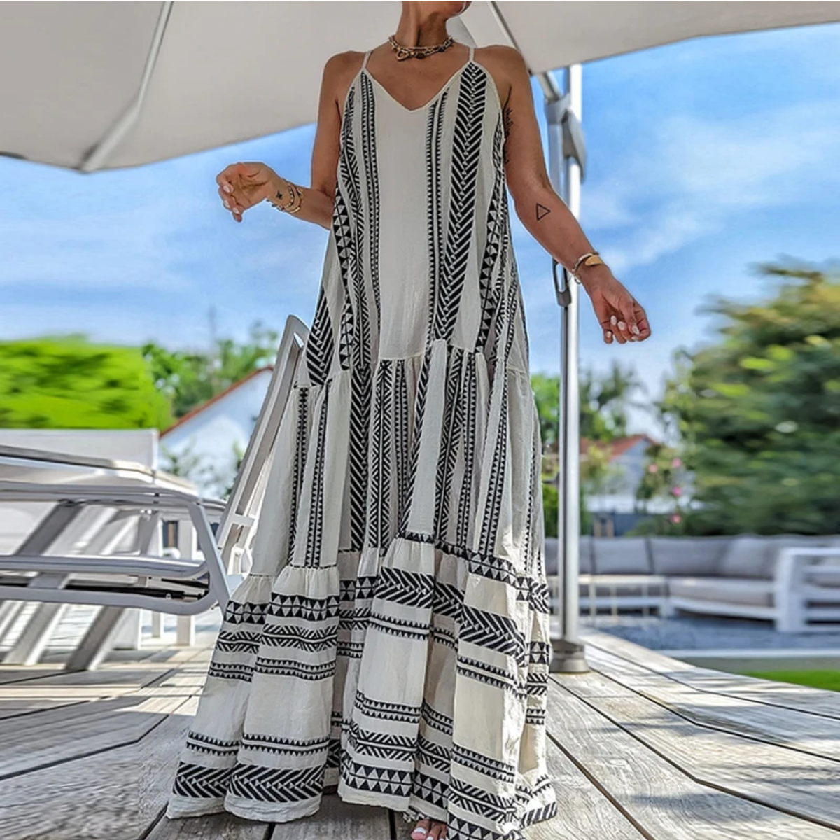 Summer V Neck Elegant Casual Print Sleeveless Ruffle Party Dress