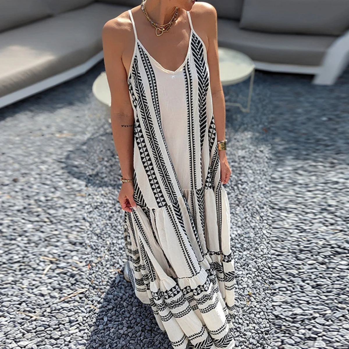 Summer V Neck Elegant Casual Print Sleeveless Ruffle Party Dress