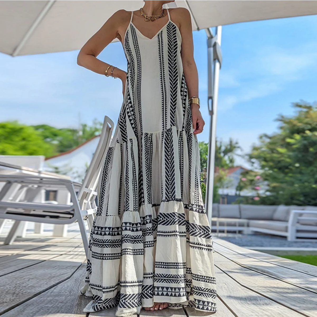Summer V Neck Elegant Casual Print Sleeveless Ruffle Party Dress