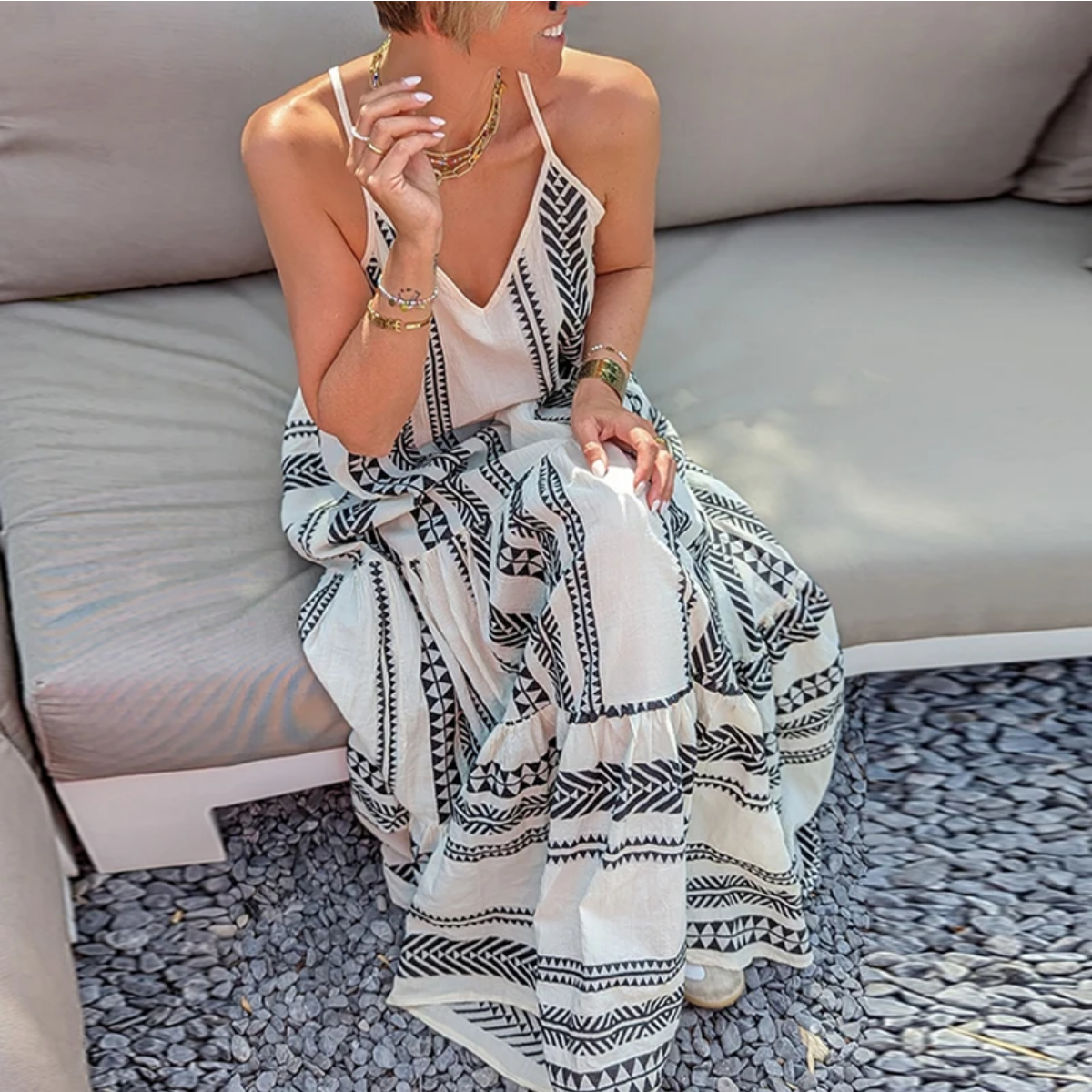 Summer V Neck Elegant Casual Print Sleeveless Ruffle Party Dress