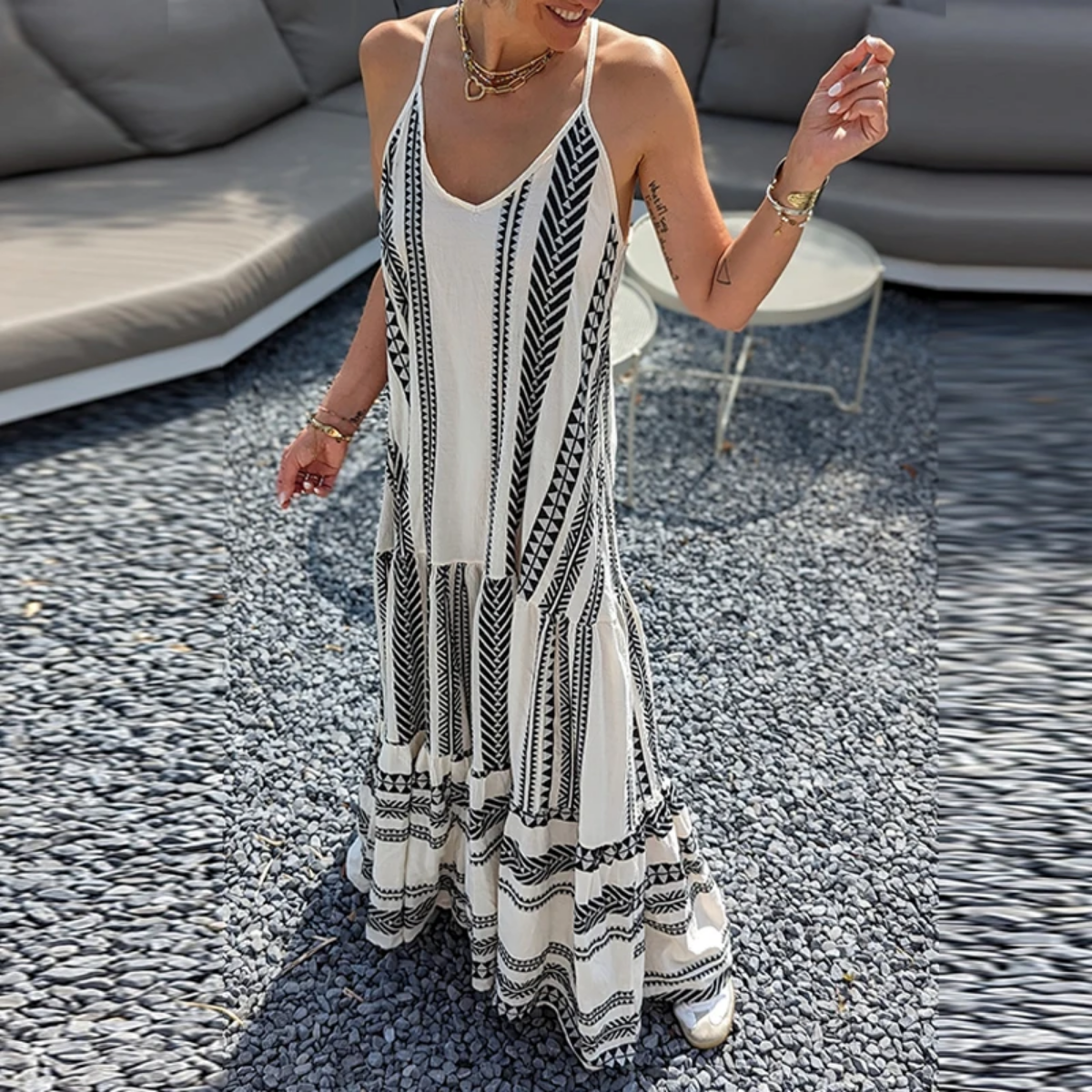 Summer V Neck Elegant Casual Print Sleeveless Ruffle Party Dress