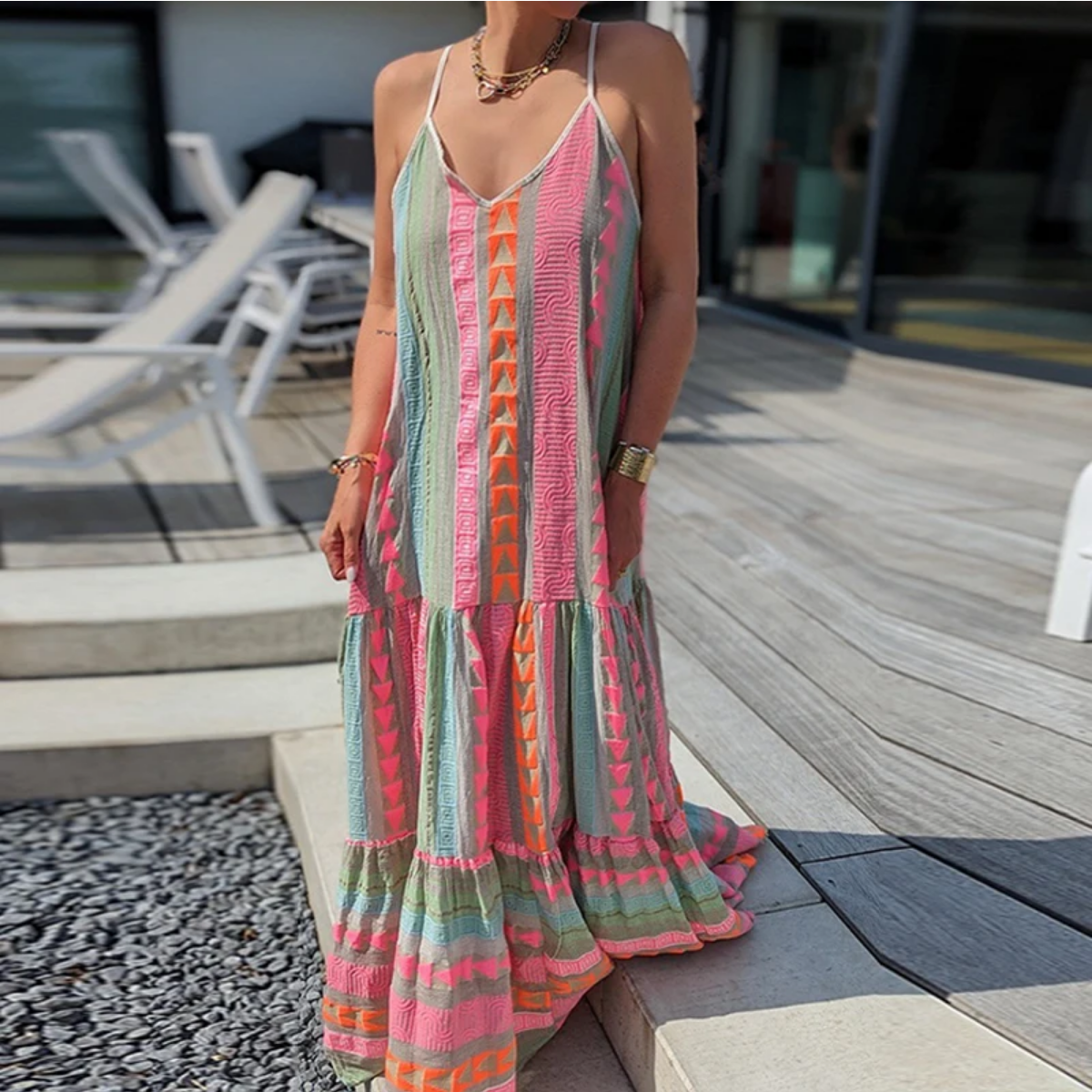 Summer V Neck Elegant Casual Print Sleeveless Ruffle Party Dress