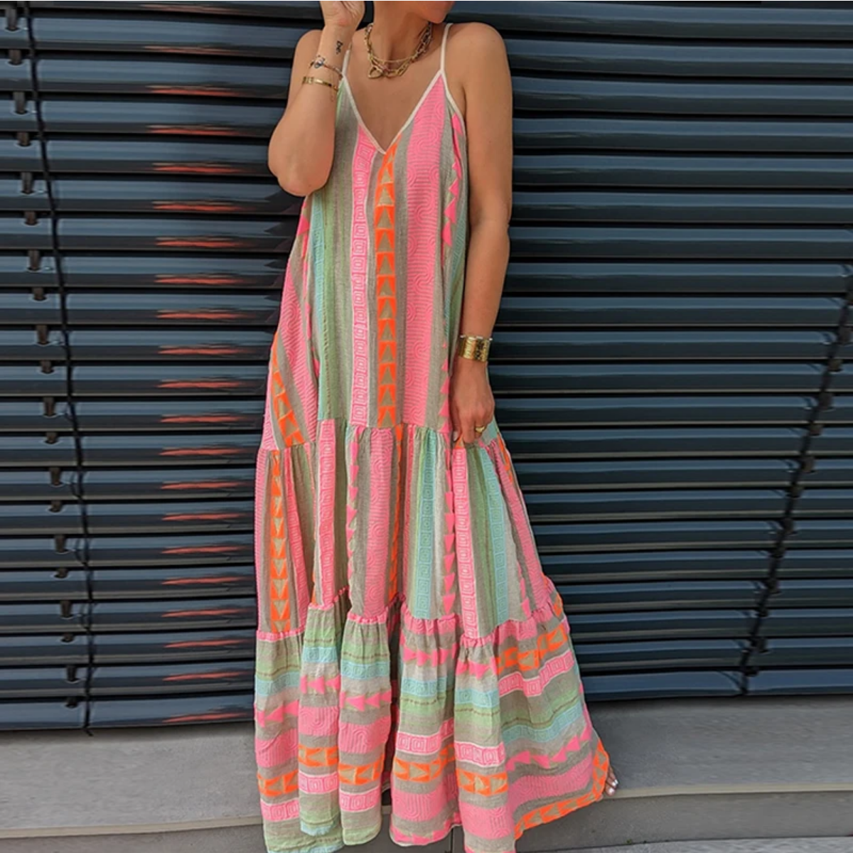 Summer V Neck Elegant Casual Print Sleeveless Ruffle Party Dress