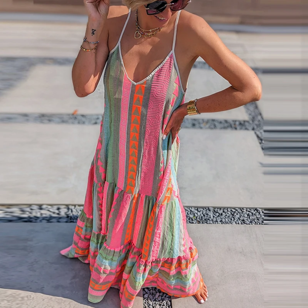 Summer V Neck Elegant Casual Print Sleeveless Ruffle Party Dress