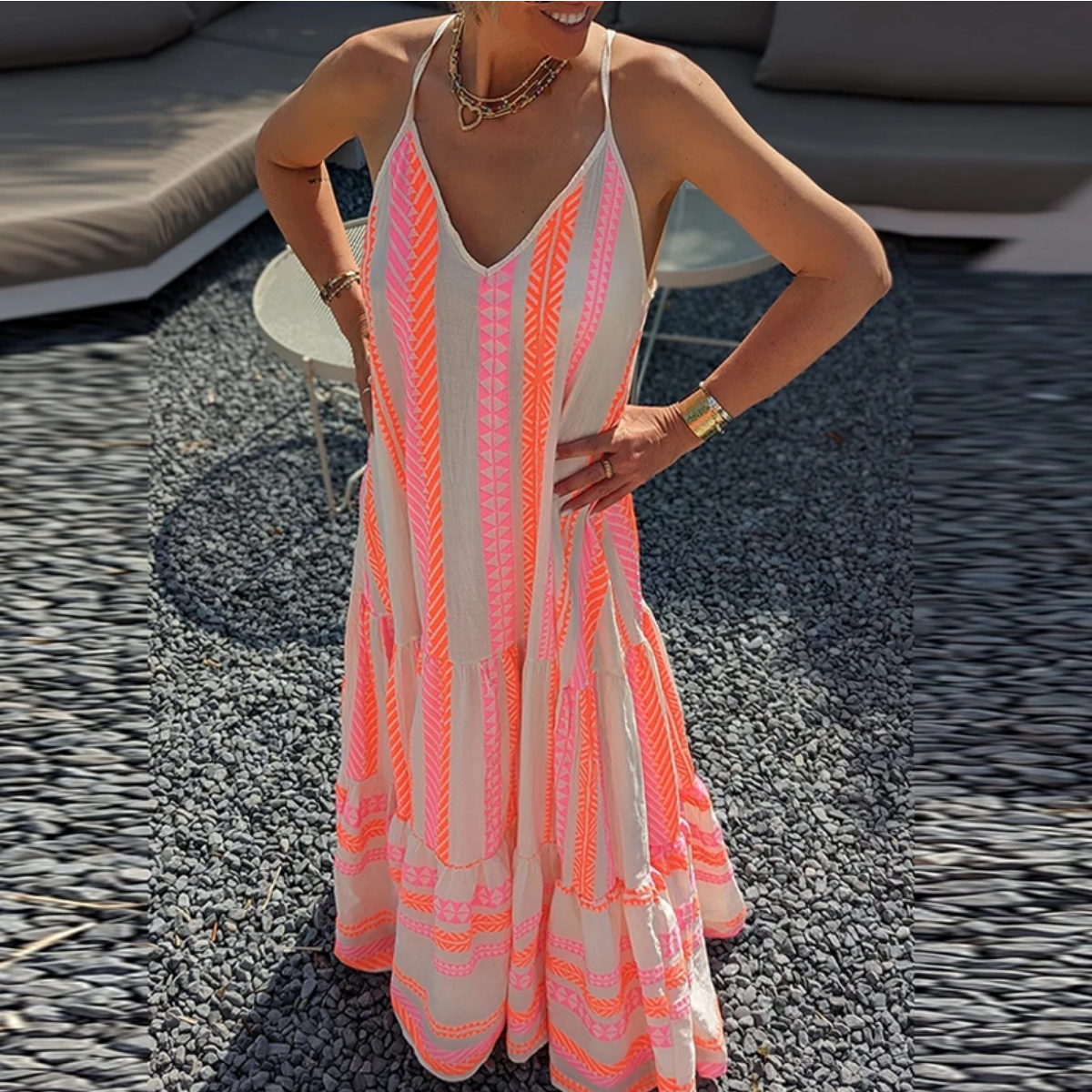Summer V Neck Elegant Casual Print Sleeveless Ruffle Party Dress