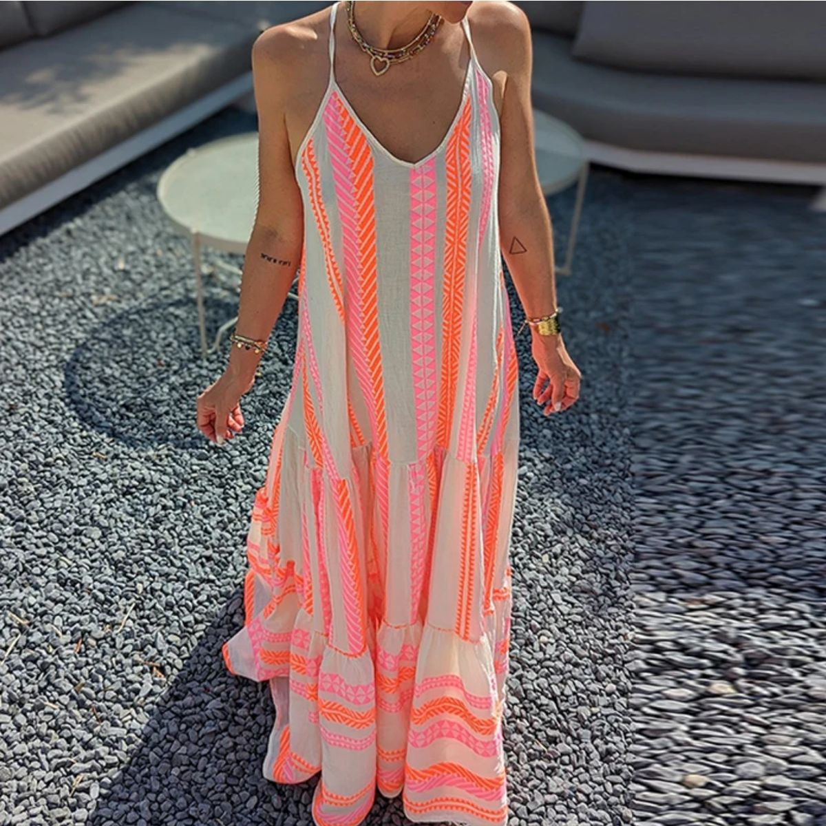 Summer V Neck Elegant Casual Print Sleeveless Ruffle Party Dress