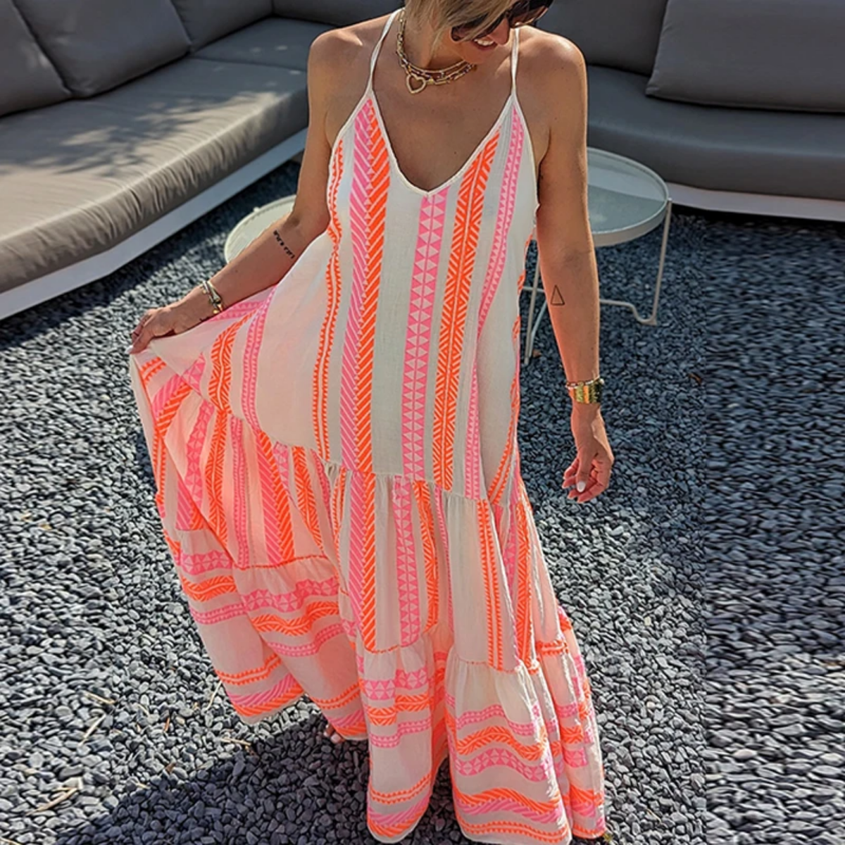 Summer V Neck Elegant Casual Print Sleeveless Ruffle Party Dress