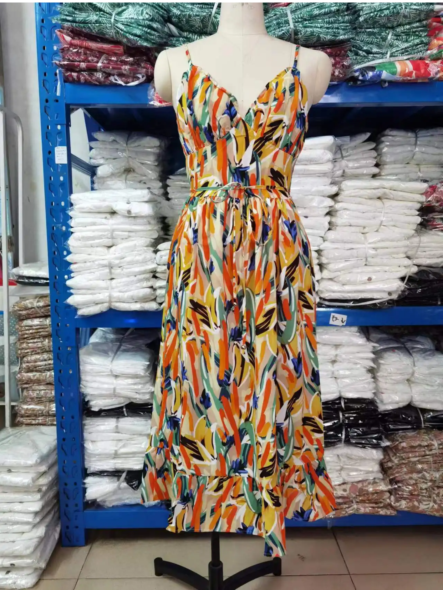 Summer Sexy Spaghetti Strap Deep V-neck Ruffles Patchwork Long Beach  Dress