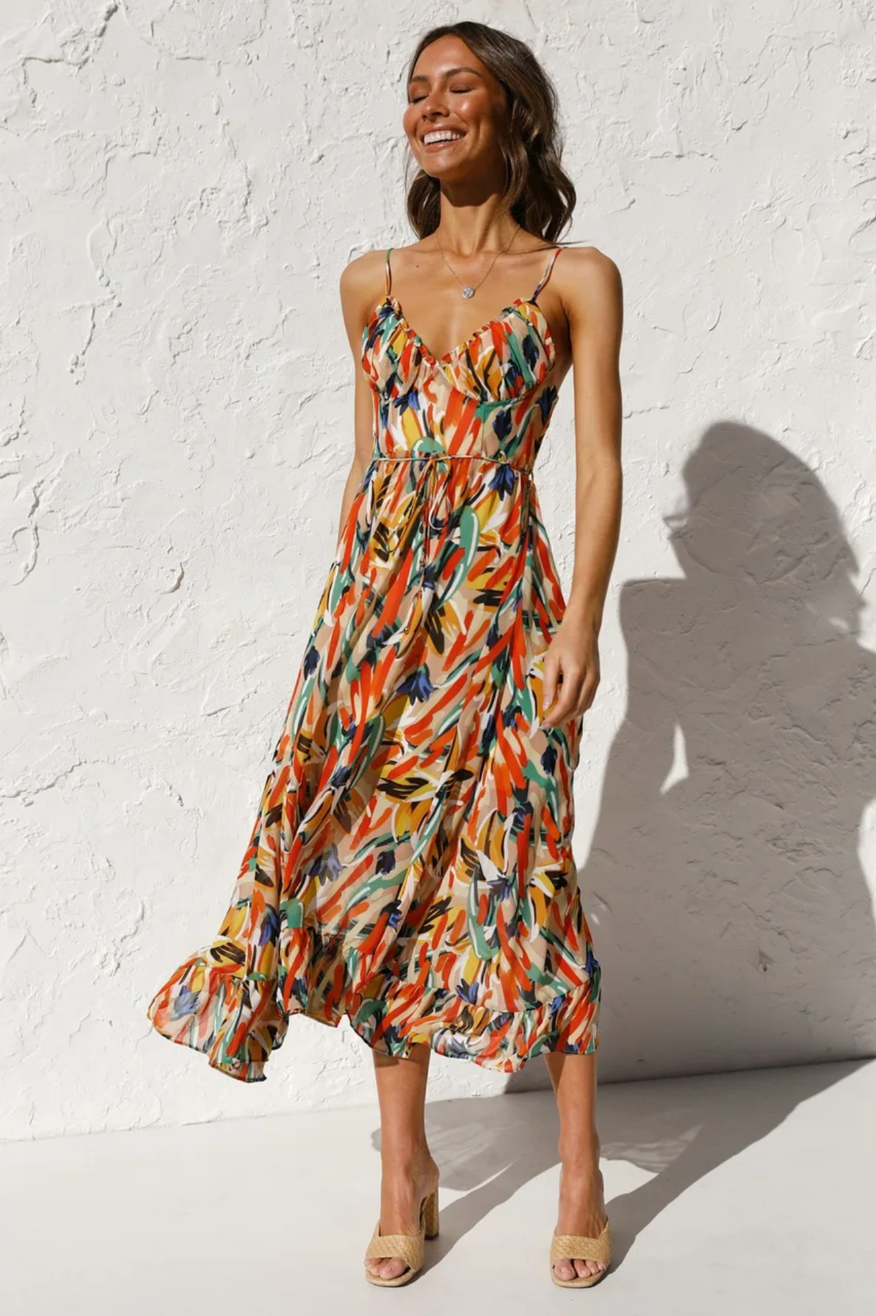 Summer Sexy Spaghetti Strap Deep V-neck Ruffles Patchwork Long Beach  Dress