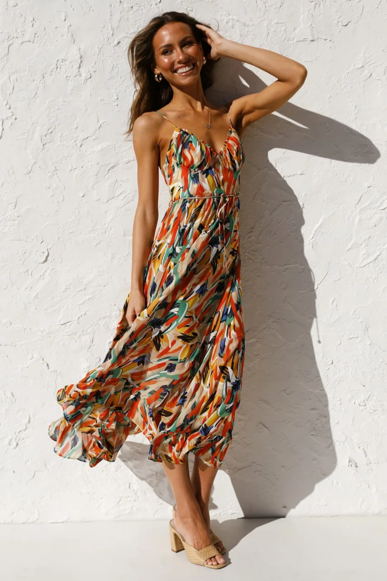 Summer Sexy Spaghetti Strap Deep V-neck Ruffles Patchwork Long Beach  Dress