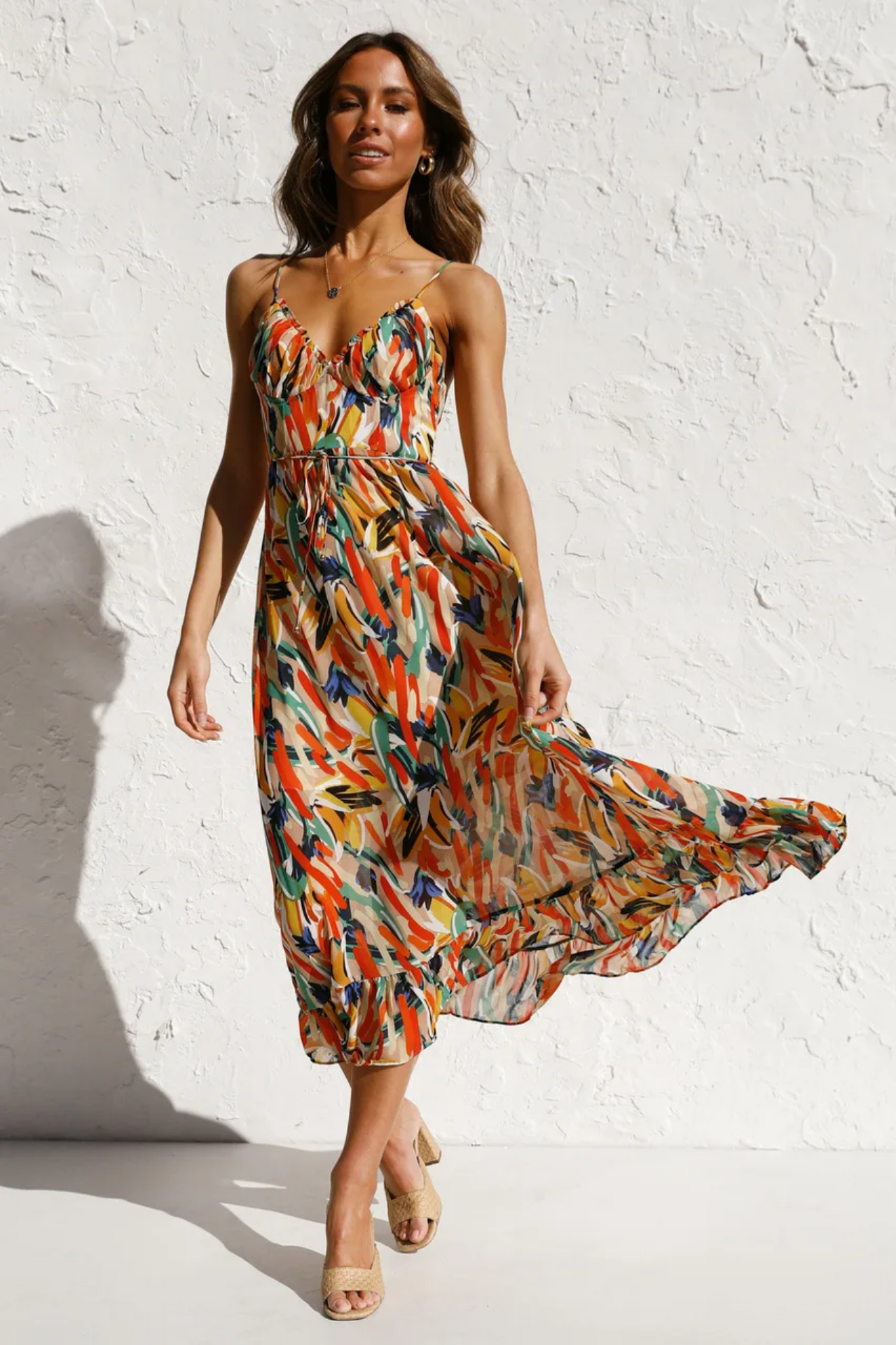 Summer Sexy Spaghetti Strap Deep V-neck Ruffles Patchwork Long Beach  Dress