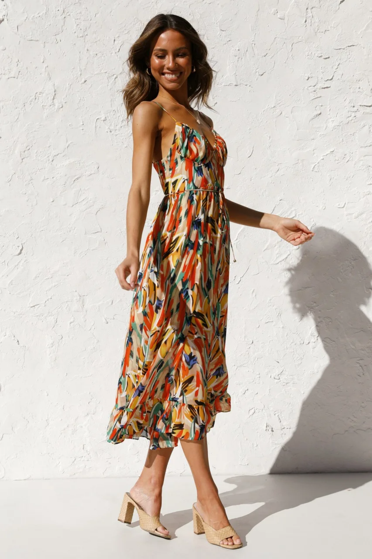 Summer Sexy Spaghetti Strap Deep V-neck Ruffles Patchwork Long Beach  Dress