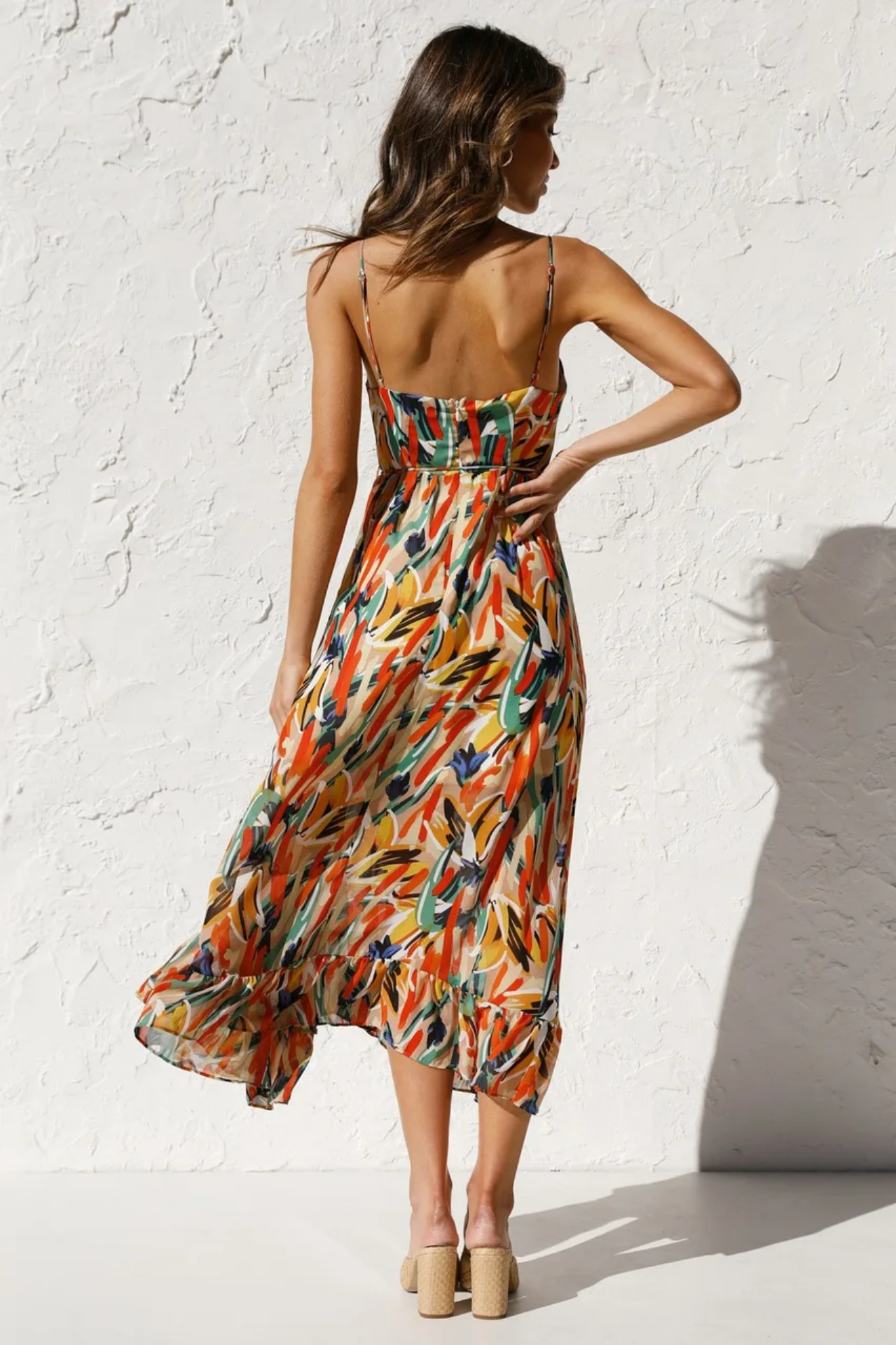Summer Sexy Spaghetti Strap Deep V-neck Ruffles Patchwork Long Beach  Dress