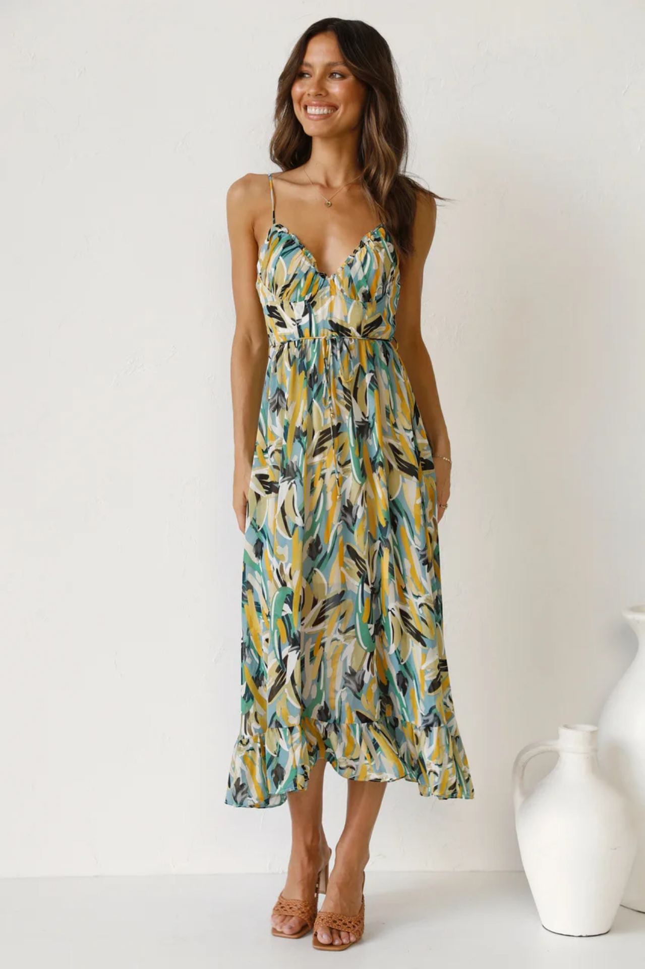 Summer Sexy Spaghetti Strap Deep V-neck Ruffles Patchwork Long Beach  Dress