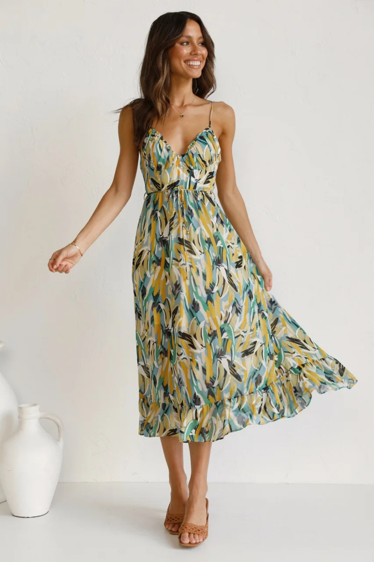 Summer Sexy Spaghetti Strap Deep V-neck Ruffles Patchwork Long Beach  Dress