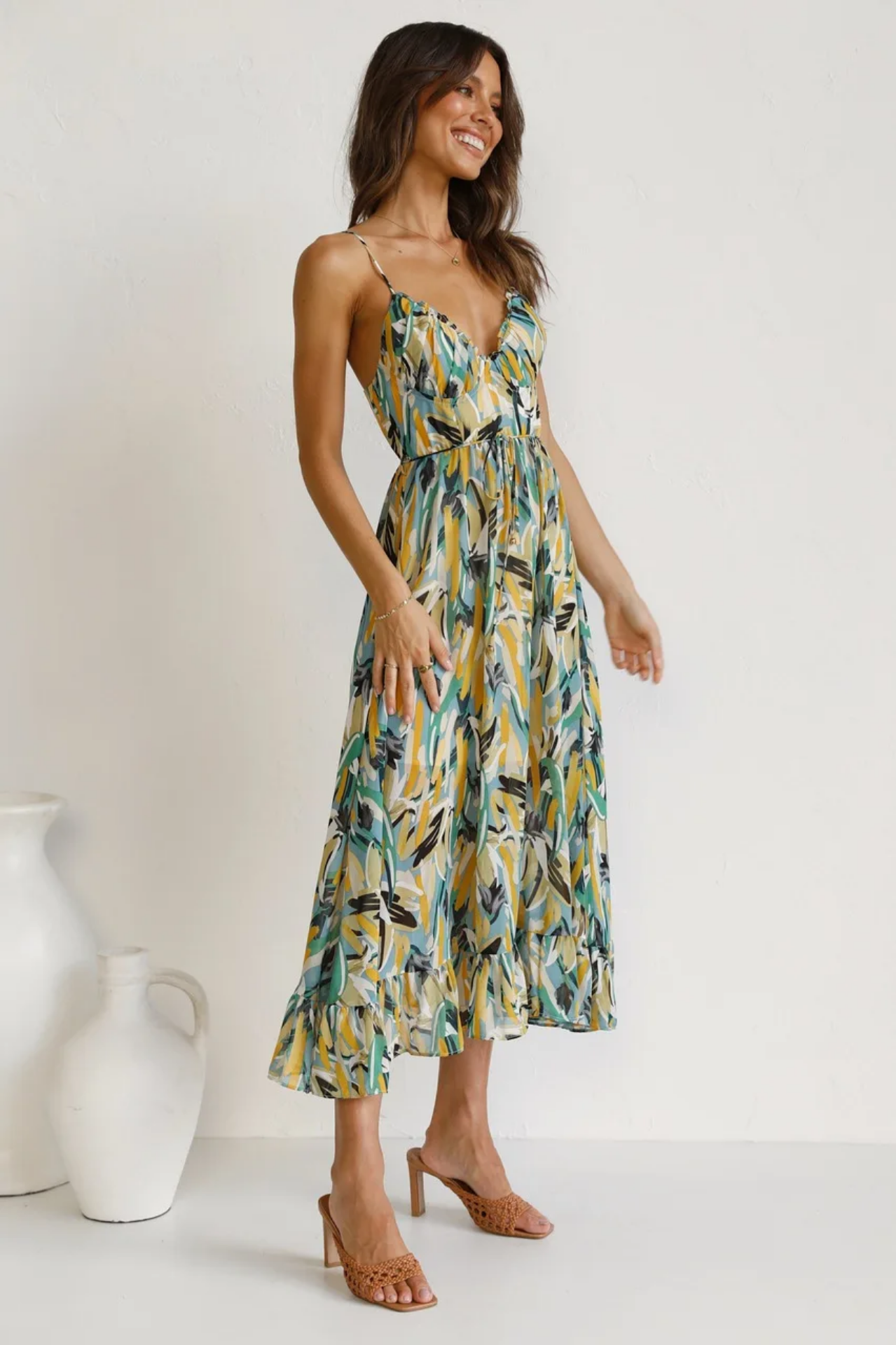 Summer Sexy Spaghetti Strap Deep V-neck Ruffles Patchwork Long Beach  Dress