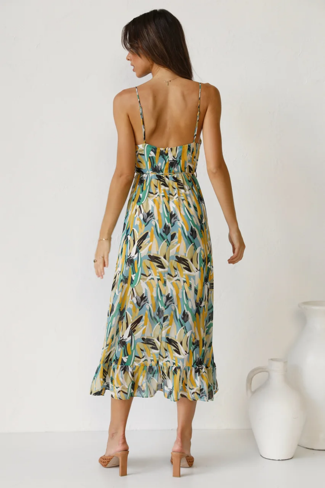 Summer Sexy Spaghetti Strap Deep V-neck Ruffles Patchwork Long Beach  Dress