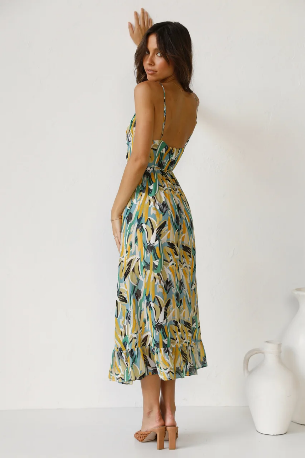 Summer Sexy Spaghetti Strap Deep V-neck Ruffles Patchwork Long Beach  Dress