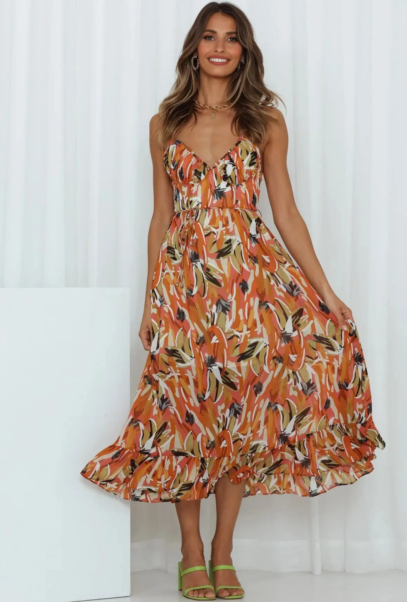 Summer Sexy Spaghetti Strap Deep V-neck Ruffles Patchwork Long Beach  Dress