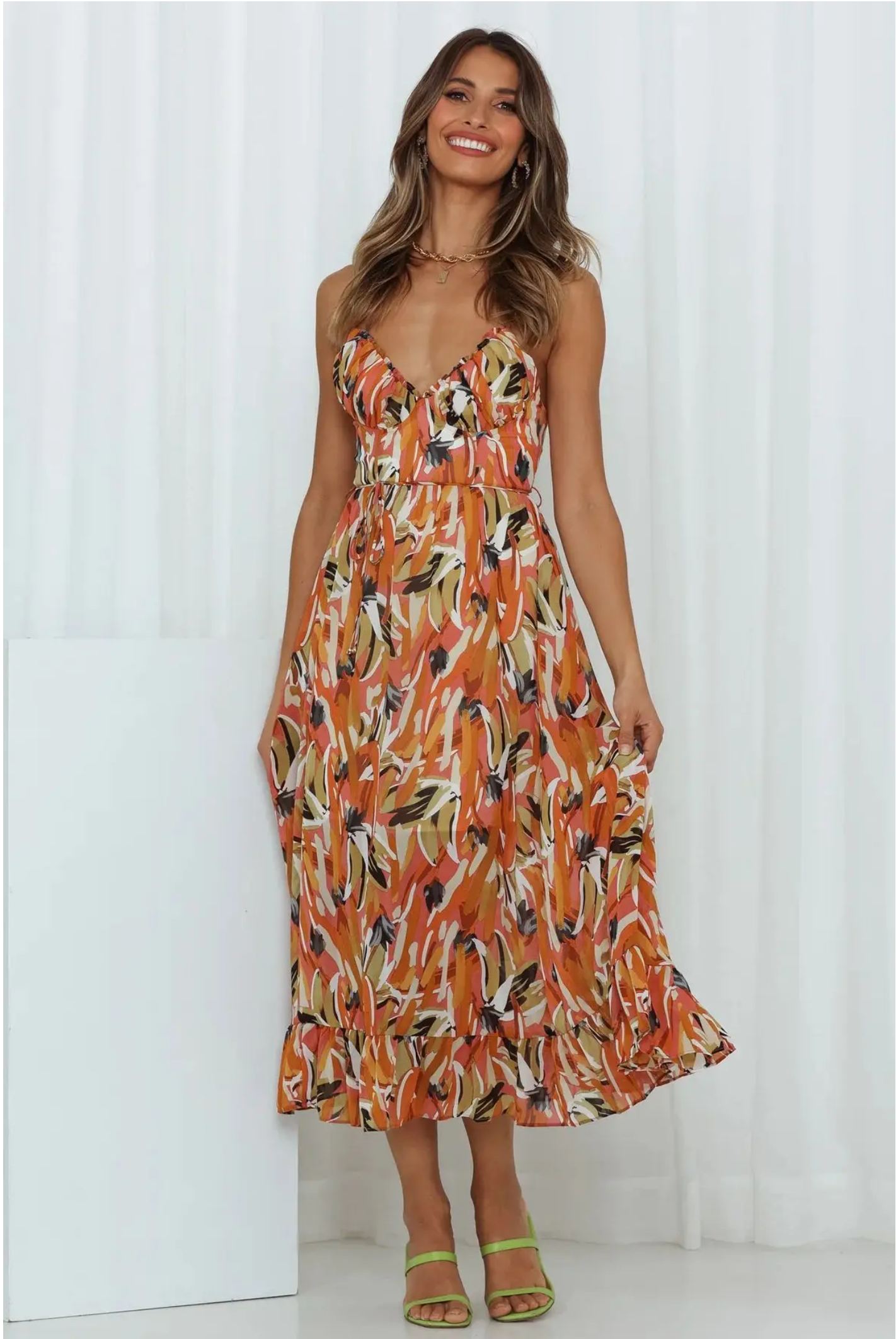 Summer Sexy Spaghetti Strap Deep V-neck Ruffles Patchwork Long Beach  Dress