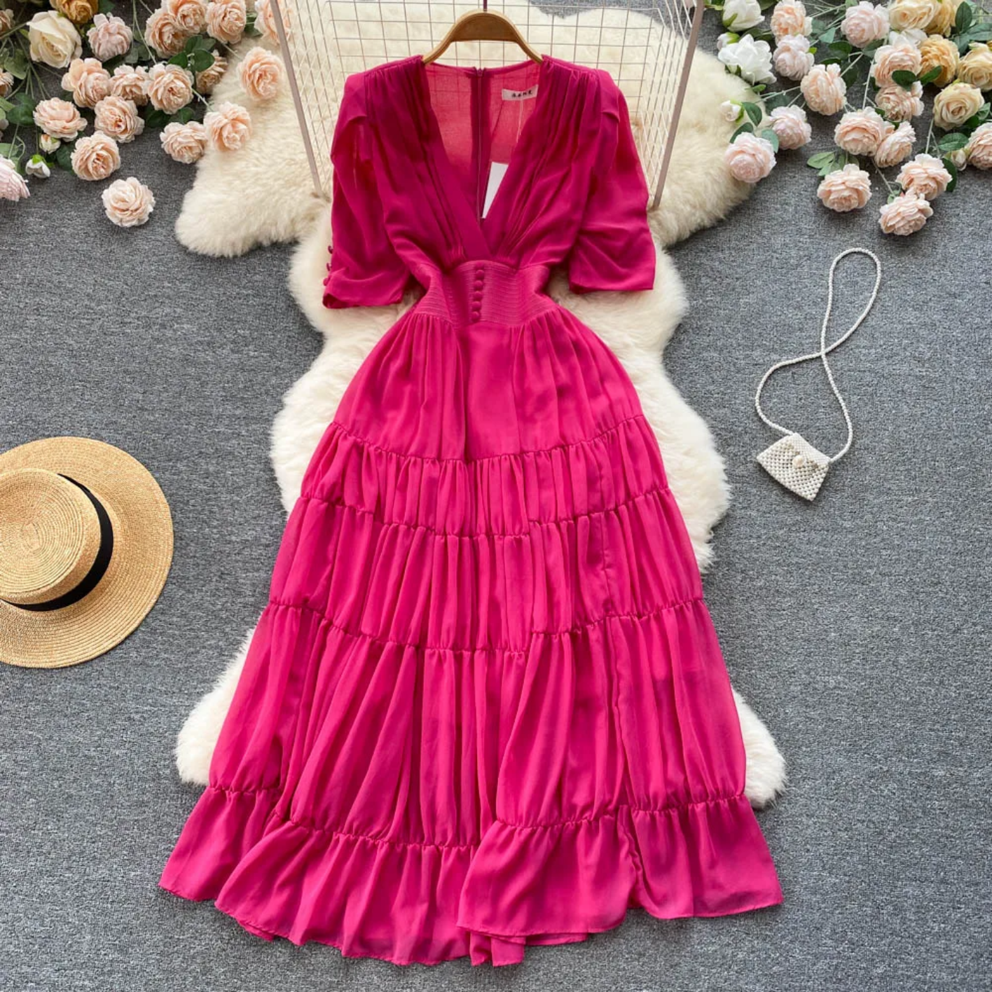 Summer Fashion Solid Color V Neck Buttons Puff Sleeve High Waist Chiffon Dress
