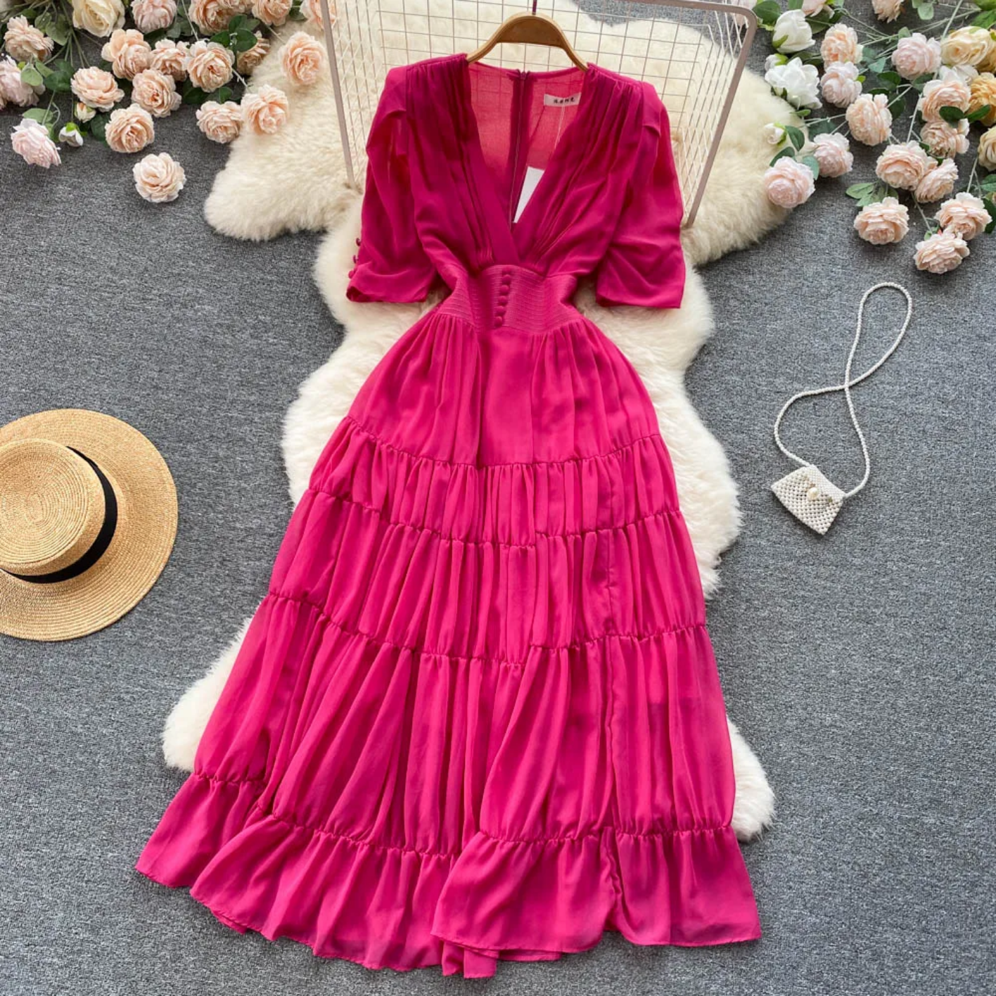 Summer Fashion Solid Color V Neck Buttons Puff Sleeve High Waist Chiffon Dress