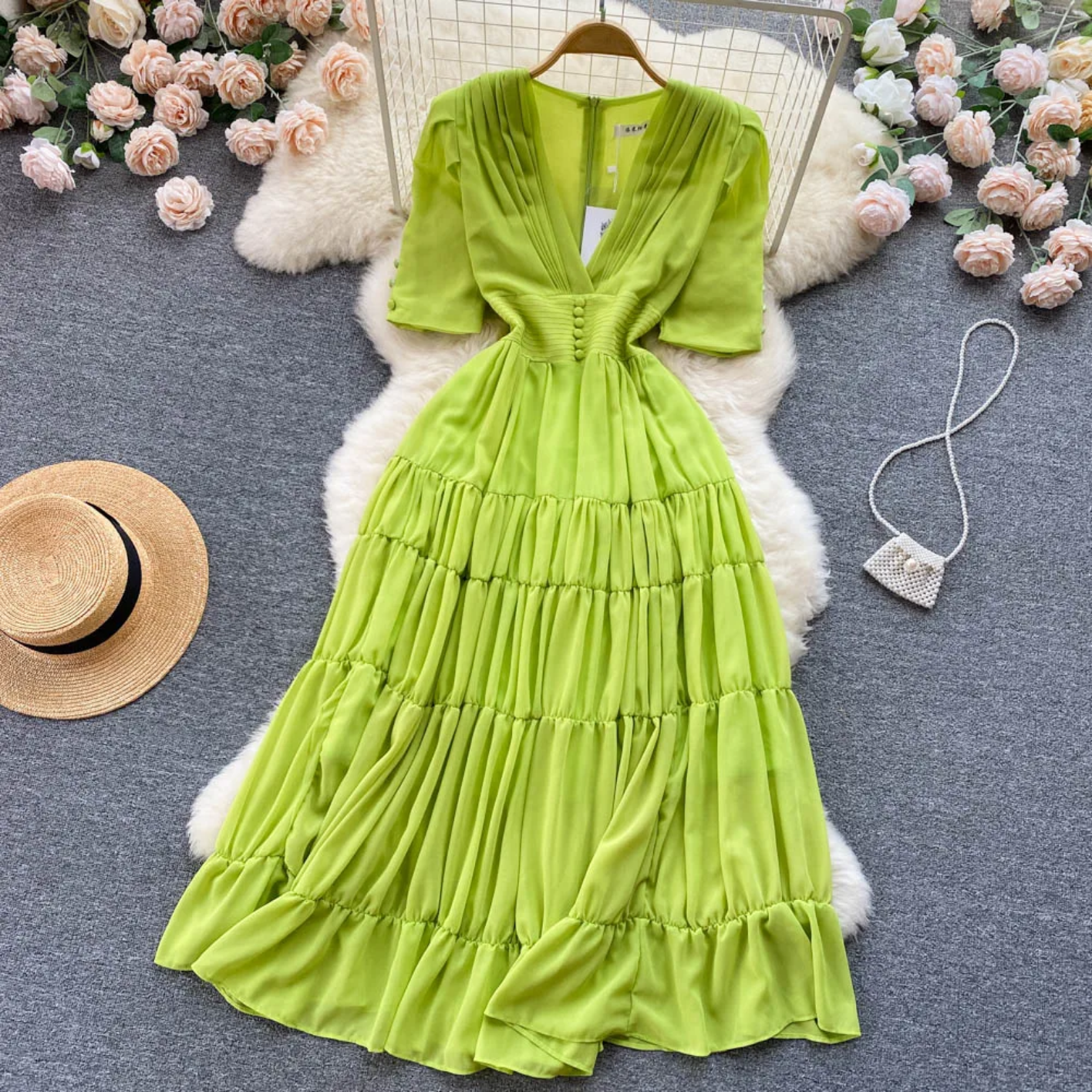 Summer Fashion Solid Color V Neck Buttons Puff Sleeve High Waist Chiffon Dress