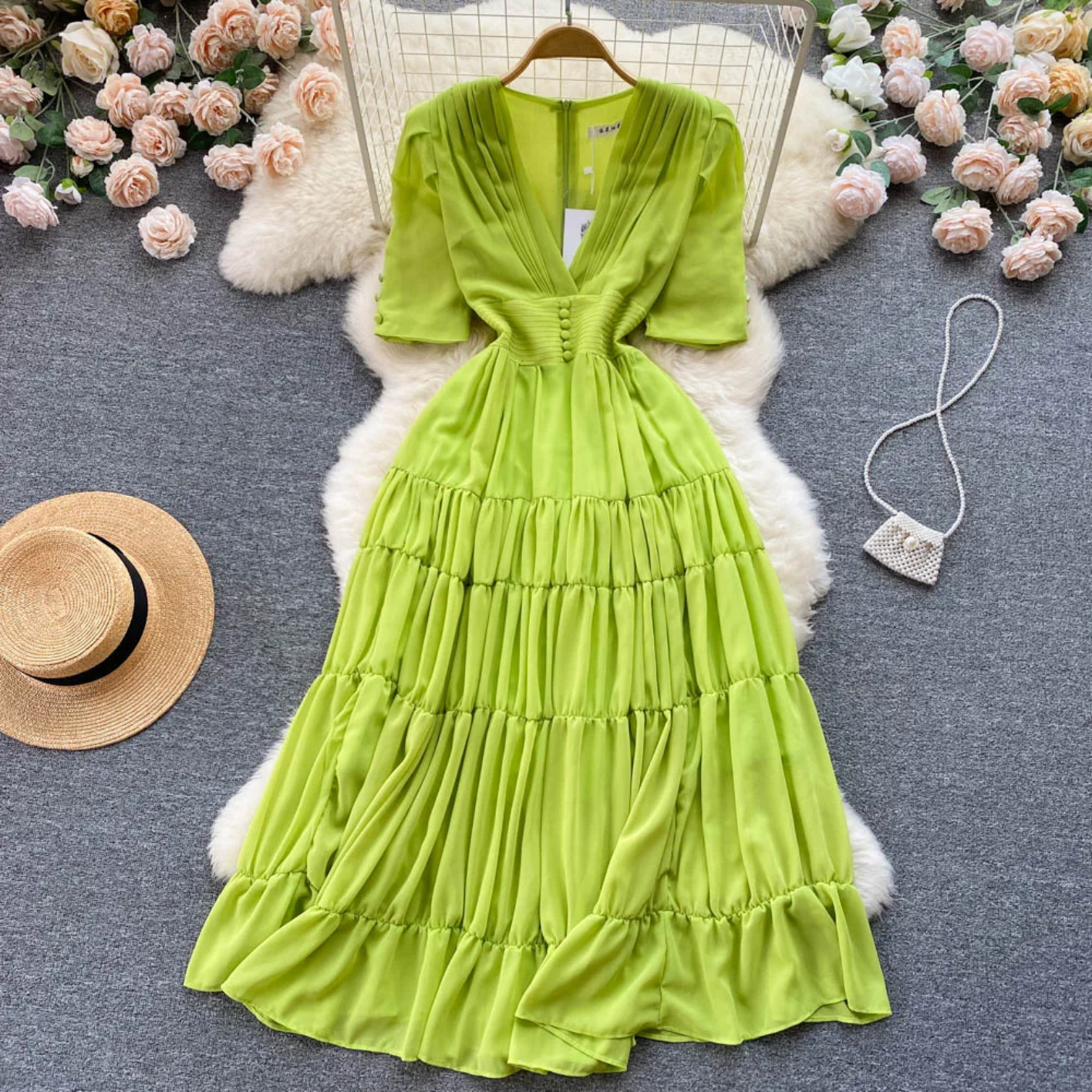 Summer Fashion Solid Color V Neck Buttons Puff Sleeve High Waist Chiffon Dress