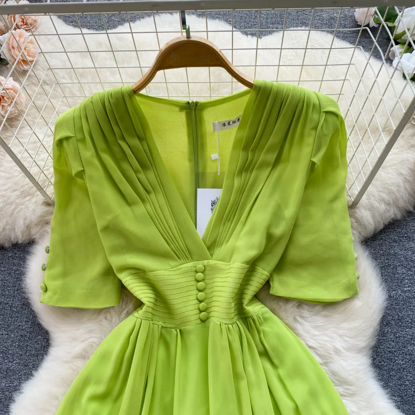 Summer Fashion Solid Color V Neck Buttons Puff Sleeve High Waist Chiffon Dress