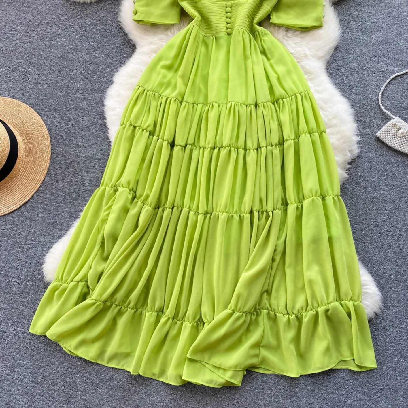 Summer Fashion Solid Color V Neck Buttons Puff Sleeve High Waist Chiffon Dress