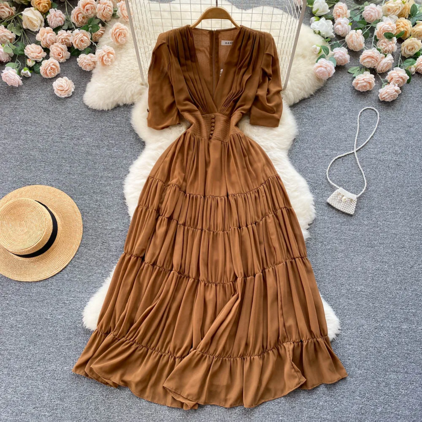 Summer Fashion Solid Color V Neck Buttons Puff Sleeve High Waist Chiffon Dress