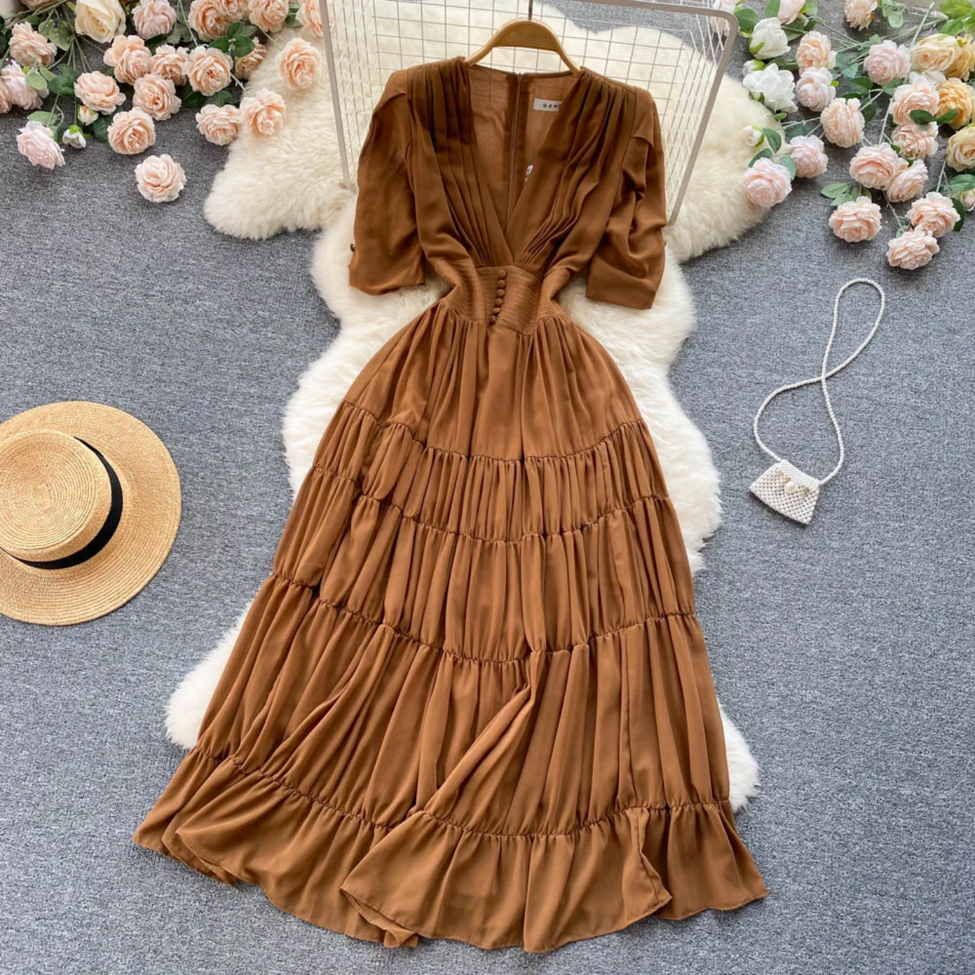 Summer Fashion Solid Color V Neck Buttons Puff Sleeve High Waist Chiffon Dress
