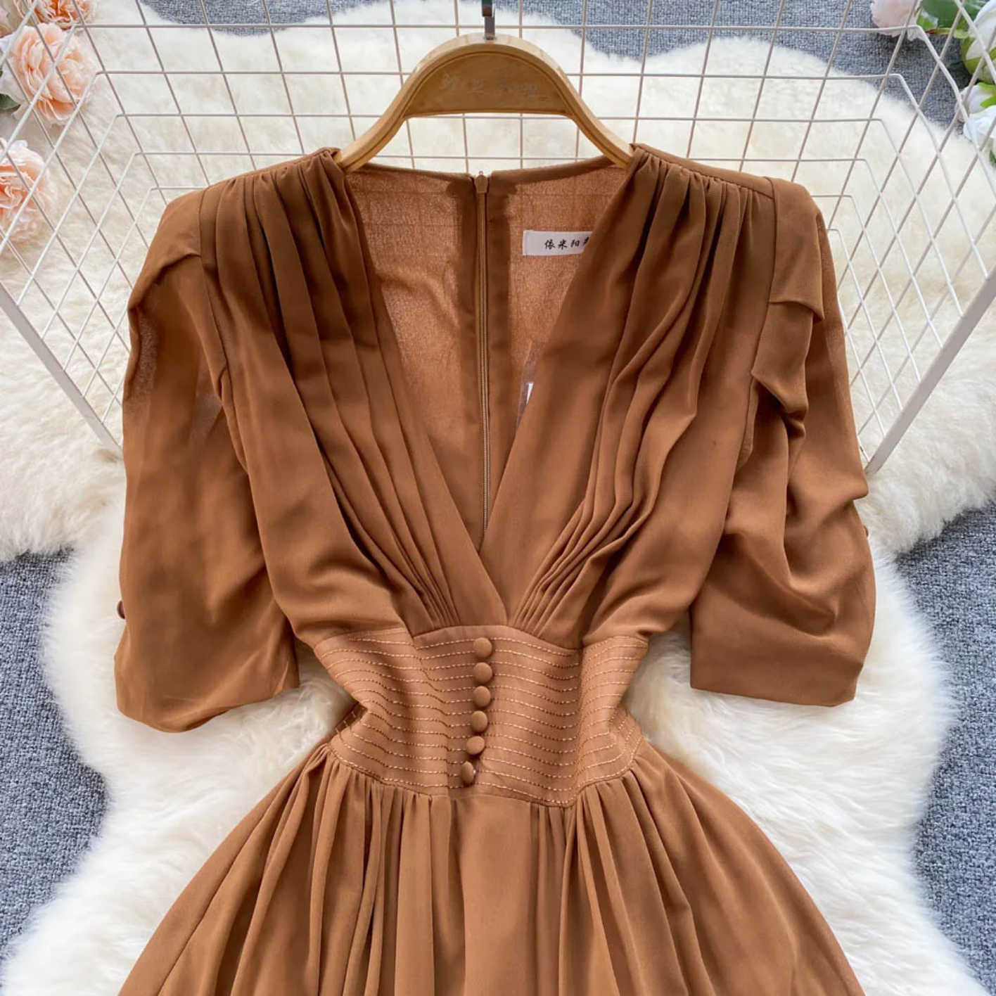 Summer Fashion Solid Color V Neck Buttons Puff Sleeve High Waist Chiffon Dress