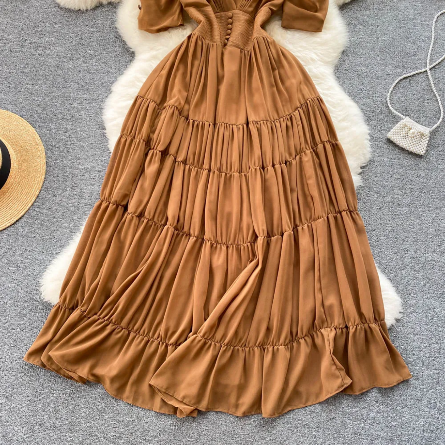 Summer Fashion Solid Color V Neck Buttons Puff Sleeve High Waist Chiffon Dress