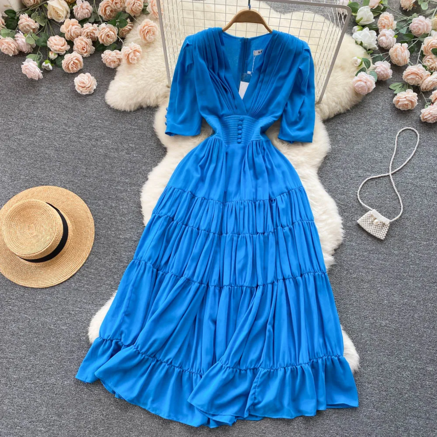 Summer Fashion Solid Color V Neck Buttons Puff Sleeve High Waist Chiffon Dress