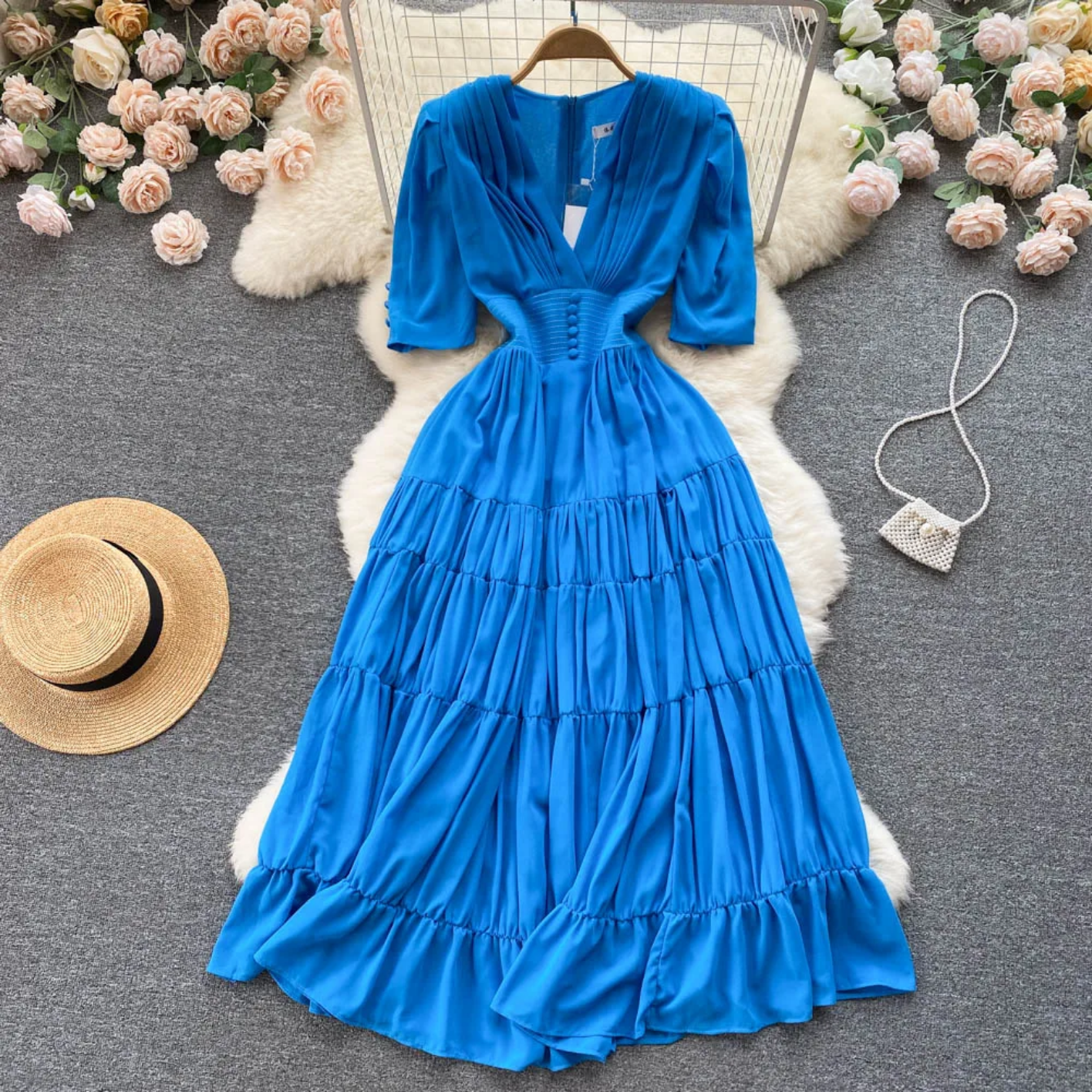 Summer Fashion Solid Color V Neck Buttons Puff Sleeve High Waist Chiffon Dress