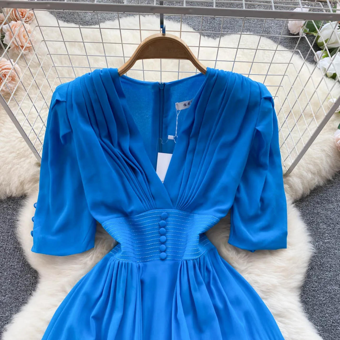 Summer Fashion Solid Color V Neck Buttons Puff Sleeve High Waist Chiffon Dress