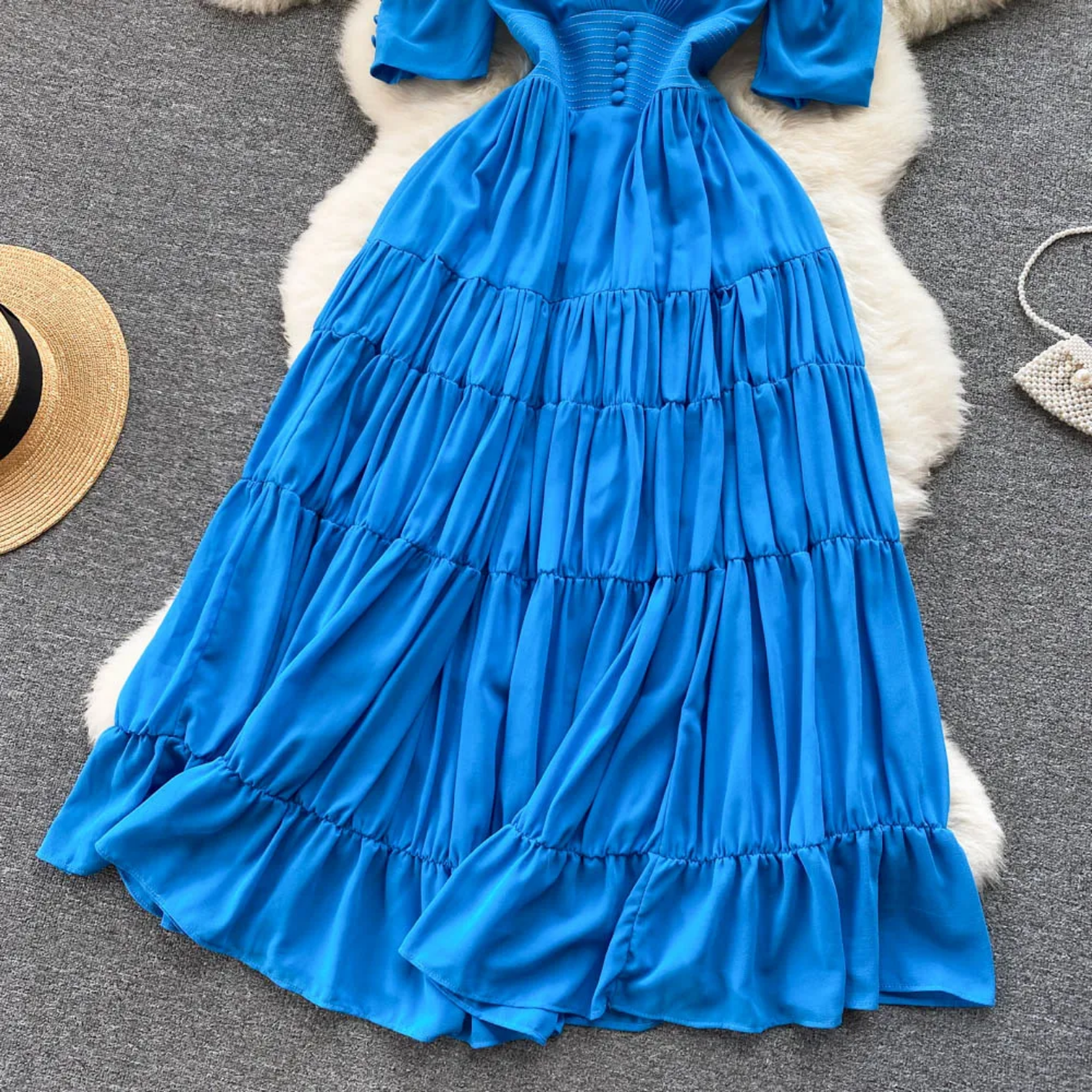Summer Fashion Solid Color V Neck Buttons Puff Sleeve High Waist Chiffon Dress