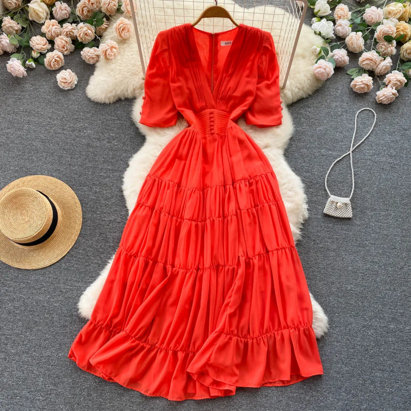 Summer Fashion Solid Color V Neck Buttons Puff Sleeve High Waist Chiffon Dress