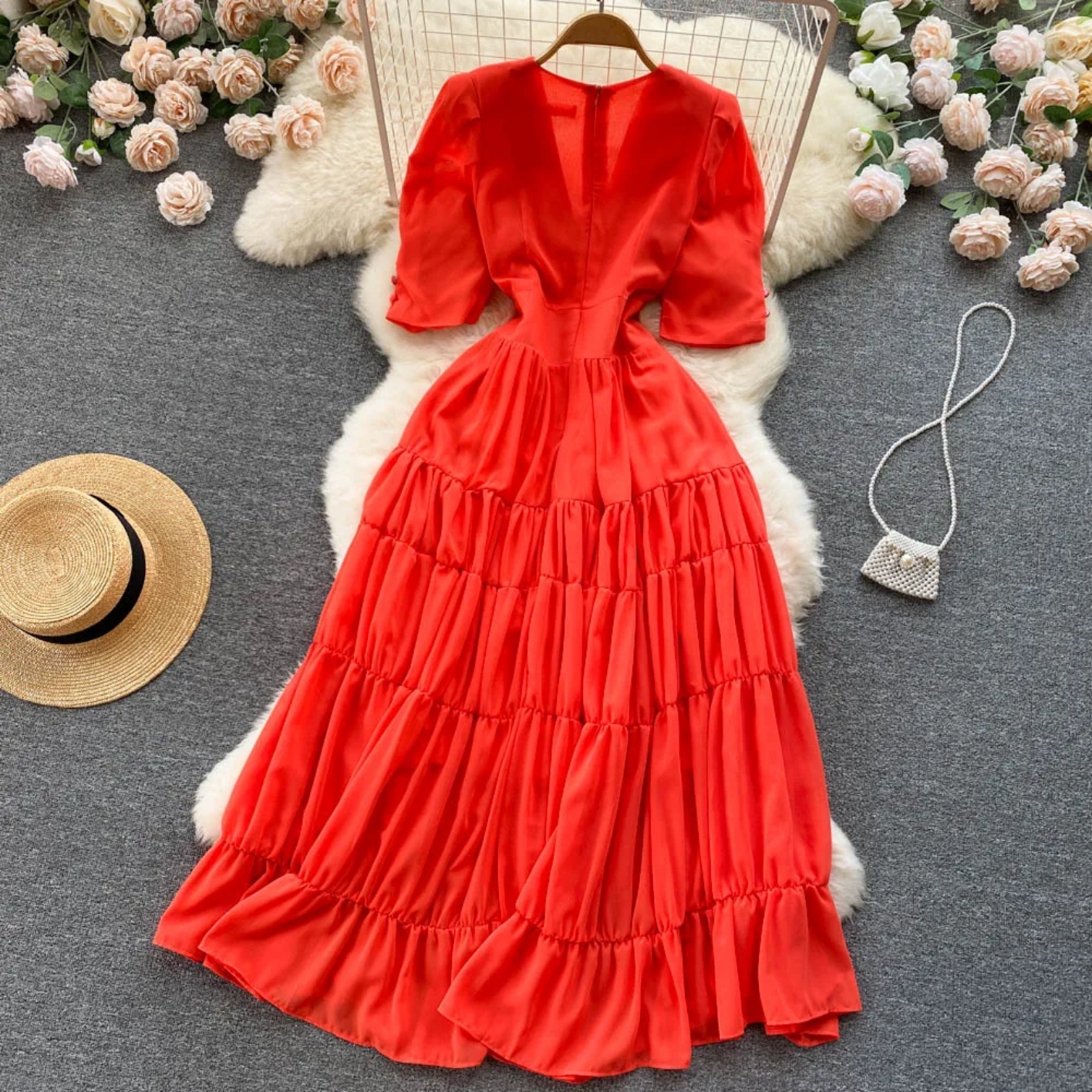 Summer Fashion Solid Color V Neck Buttons Puff Sleeve High Waist Chiffon Dress