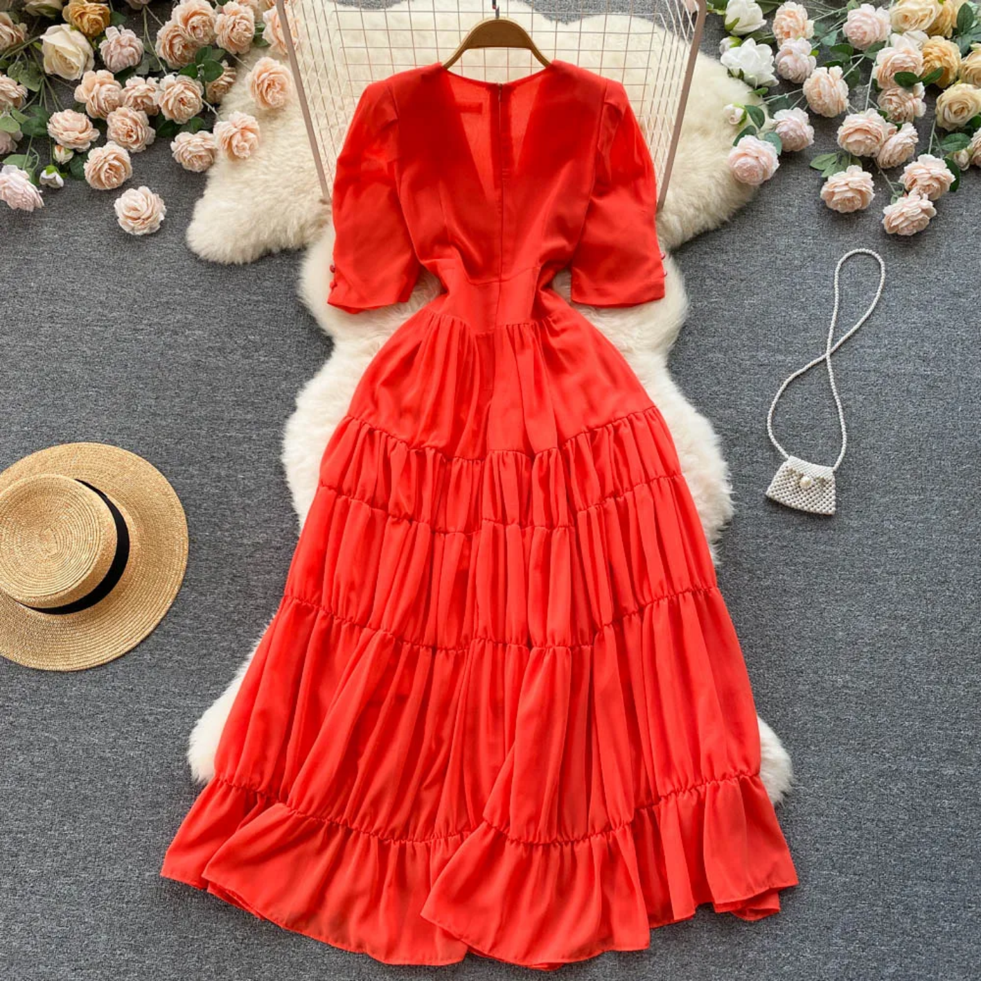 Summer Fashion Solid Color V Neck Buttons Puff Sleeve High Waist Chiffon Dress