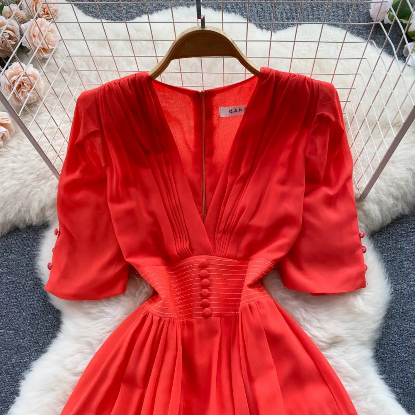 Summer Fashion Solid Color V Neck Buttons Puff Sleeve High Waist Chiffon Dress