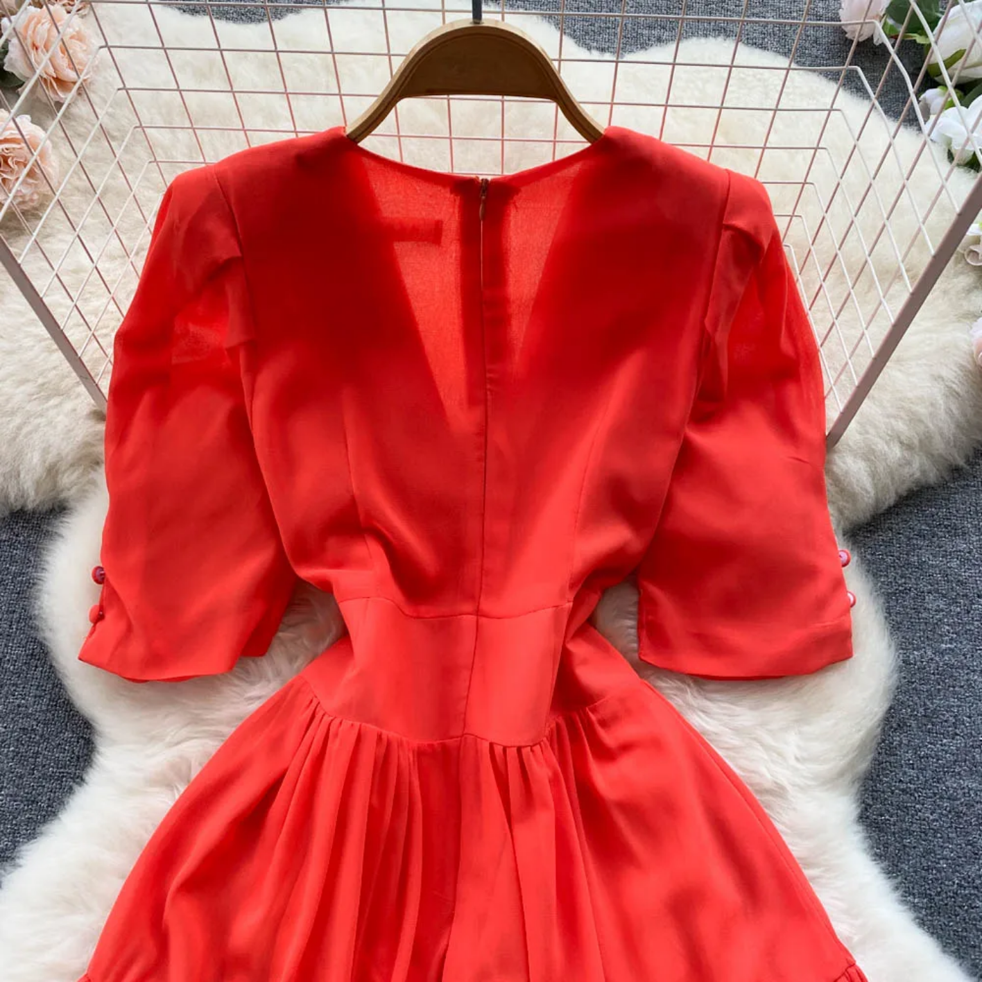 Summer Fashion Solid Color V Neck Buttons Puff Sleeve High Waist Chiffon Dress