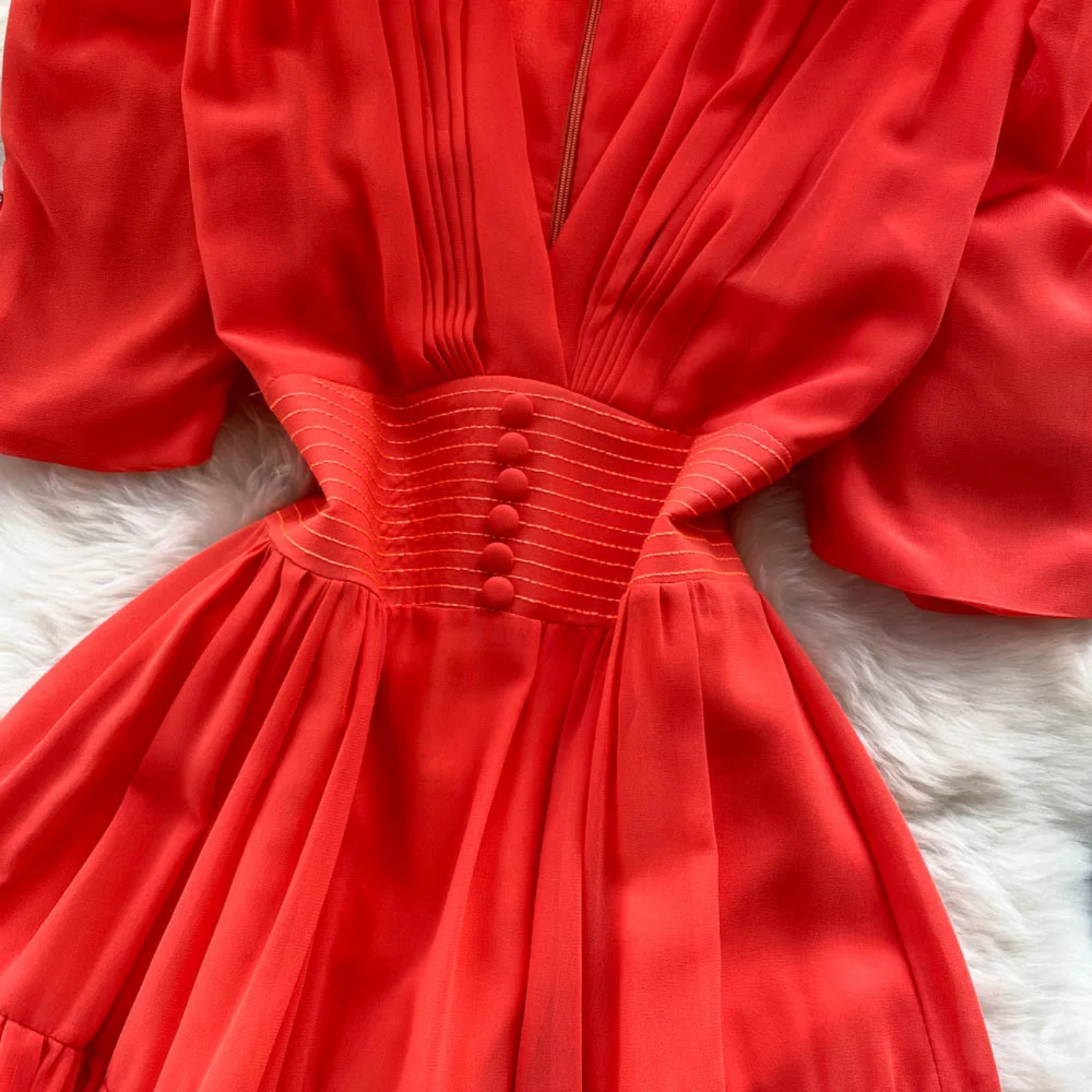 Summer Fashion Solid Color V Neck Buttons Puff Sleeve High Waist Chiffon Dress