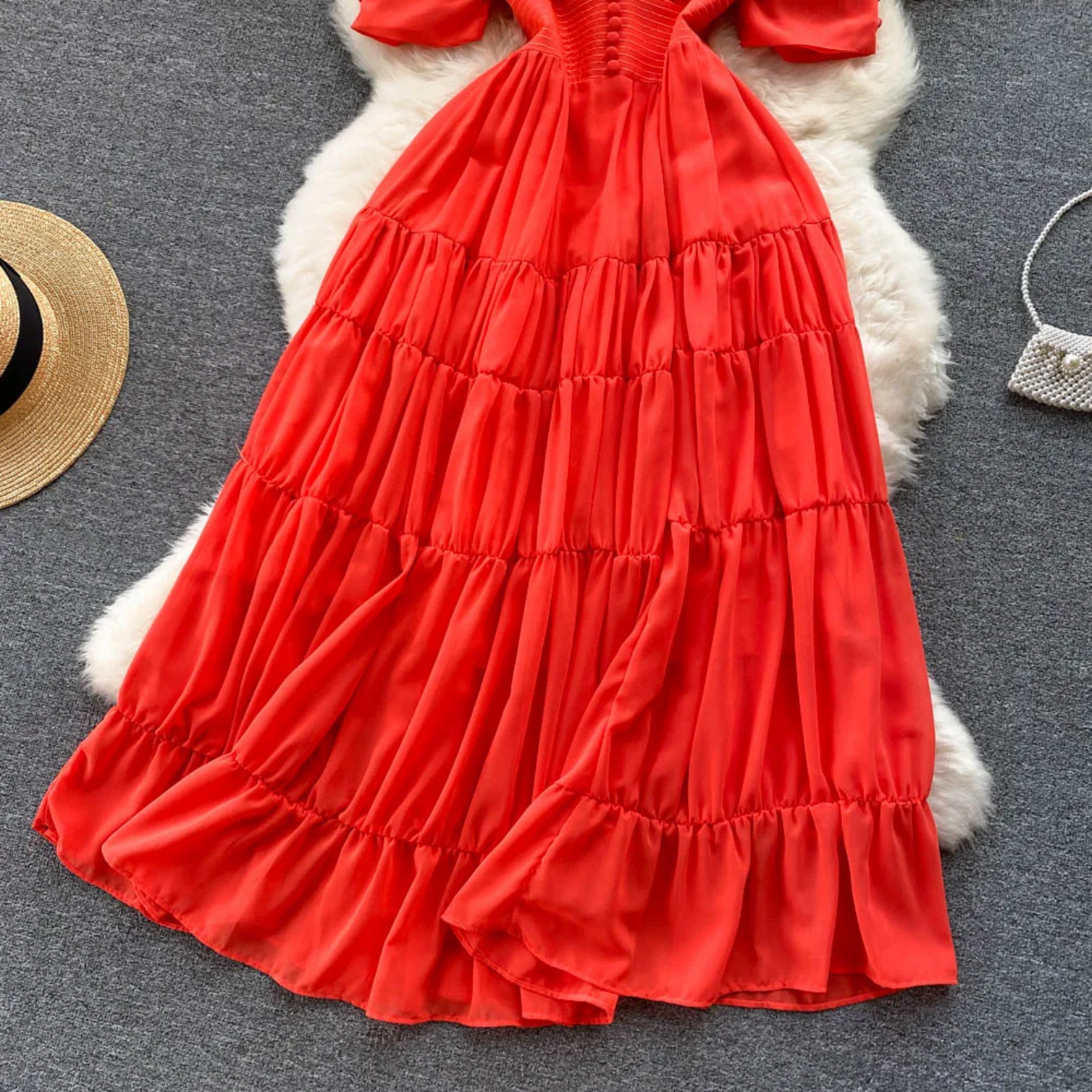 Summer Fashion Solid Color V Neck Buttons Puff Sleeve High Waist Chiffon Dress