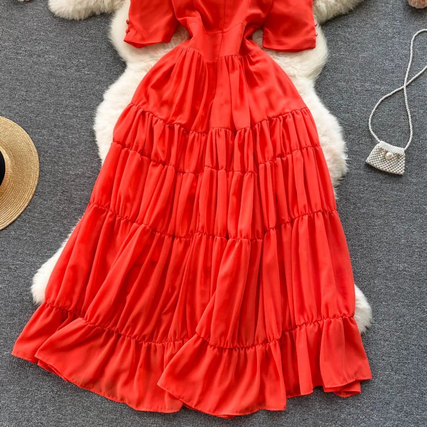 Summer Fashion Solid Color V Neck Buttons Puff Sleeve High Waist Chiffon Dress