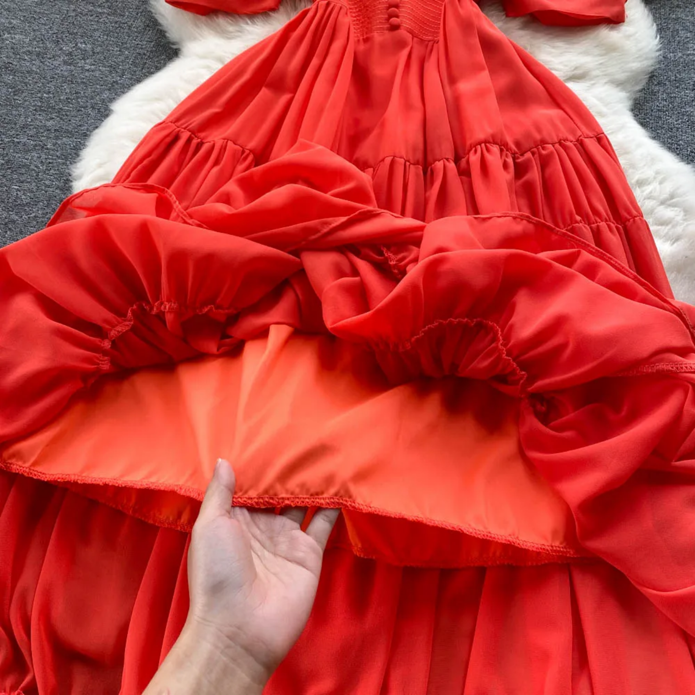 Summer Fashion Solid Color V Neck Buttons Puff Sleeve High Waist Chiffon Dress