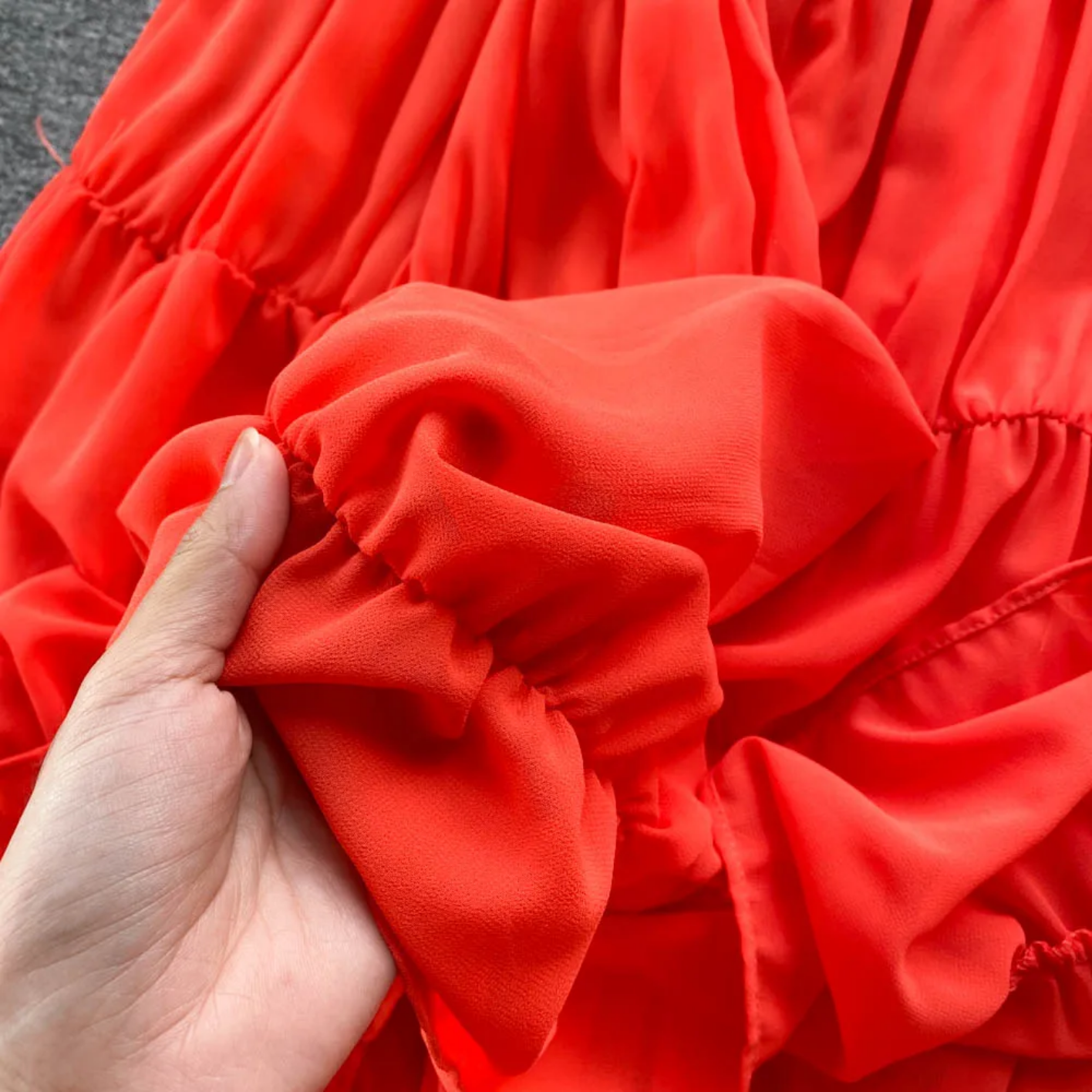 Summer Fashion Solid Color V Neck Buttons Puff Sleeve High Waist Chiffon Dress